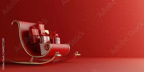 3D render of a Christmas sleigh with gifts on a red background- banner design- minimalistic style