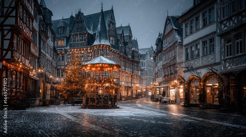 Obraz premium Snowy Christmas market square at twilight