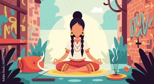 A serene woman finds inner peace and mindfulness while meditating outdoors in a tranquil urban setting, surrounded by vibrant greenery and artistic graffiti.