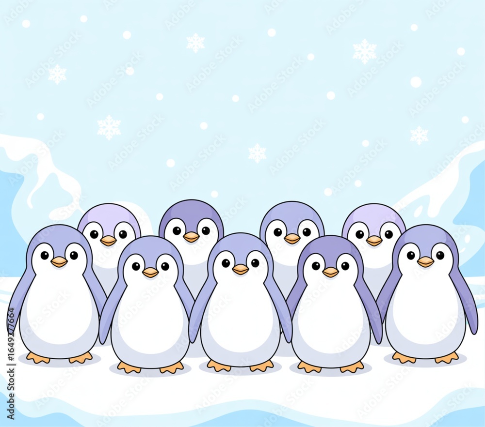 Naklejka premium Cute Cartoon Penguins in Snow with Falling Snowflakes generative ai