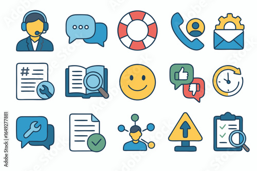 Flat Vector Icons Representing Customer Support and Service Features Including Live Chat, Knowledge Base, Technical Assistance, Feedback, CRM Integration, Complaint Resolution, and Quality Monitoring