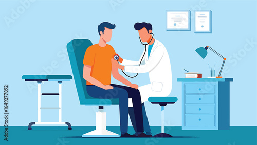 Vector illustration of a physician using a stethoscope and sphygmomanometer on a man in a clinic. Medical consultation concept.