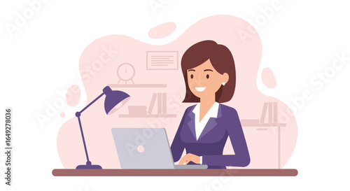 A confident and productive young businesswoman diligently works on her laptop at a modern office desk, embodying professionalism and efficiency.