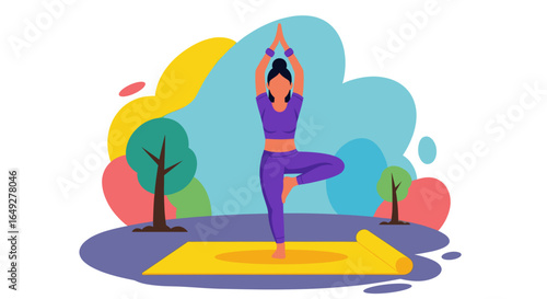 An illustrated woman practices the peaceful tree yoga pose on a mat amidst a vibrant, abstract outdoor setting, promoting wellness and mindfulness.