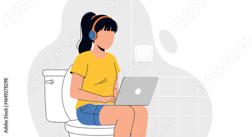 A young woman in headphones is comfortably working on her laptop while sitting on a toilet, illustrating remote work flexibility and modern multitasking habits.