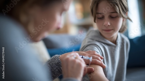 Medium shot capturing a caregiver supporting a juvenile arthritis patient selfadministering biologic injection focus on hands and syringe face gently out of focus.