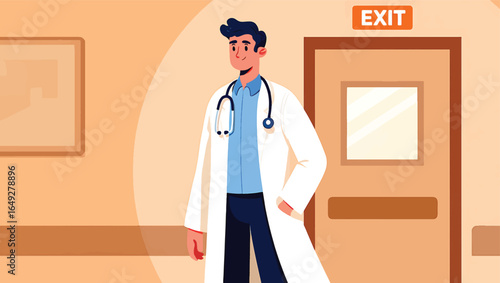 Young male doctor standing in a hospital corridor wearing a lab coat and stethoscope. Vector illustration of a healthcare professional at work.
