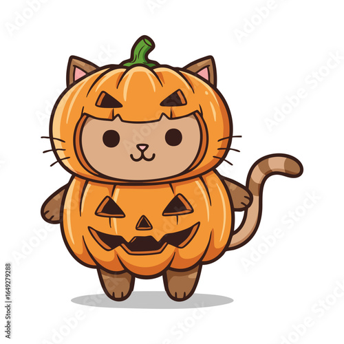 Cute Cat in Halloween Cosplay with Pumpkin Vector Illustration