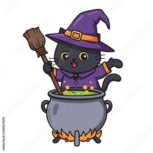 Cute Black Cat Cooking Magic Spell in Cauldron Vector Illustration