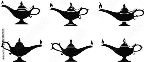 Aladdin lamp silhouette set, magical lamp icons, black vector illustration, fairy tale clipart, ornate spout design, fantasy object graphic