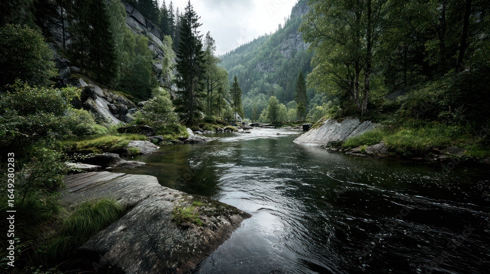 Fototapeta premium Serene river flows through a lush green valley surrounded by trees and rocky slopes