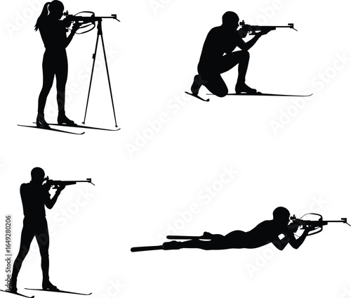  Biathlon athlete silhouettes, skiing and shooting, winter sports action, rifle positions, competitive training, prone stance, standing pose, dynamic movement