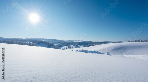 Winter Landscape, snow-covered hills and pine trees under a clear blue sky, with soft sunlight casting gentle shadows across the pristine white scenery.