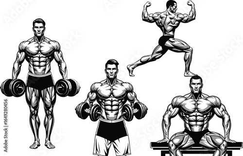Bodybuilder illustration set, muscular man, dumbbell exercise, strength training, flexing pose, gym workout, fitness icon, vector drawing