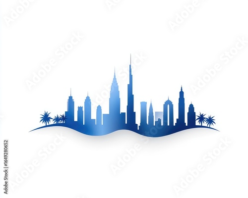Silhouette of a city skyline, outlined in blue, with a wavy, light-blue base and palm trees