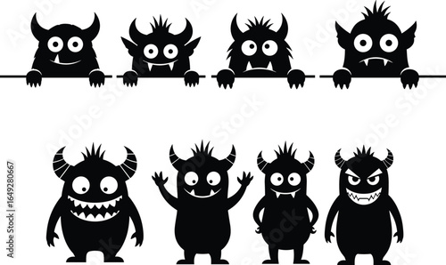 Cartoon monster illustrations, cute spooky creatures, horned monster vector, funny monster clipart, peeking monster faces, full-body monster design, playful scary graphics