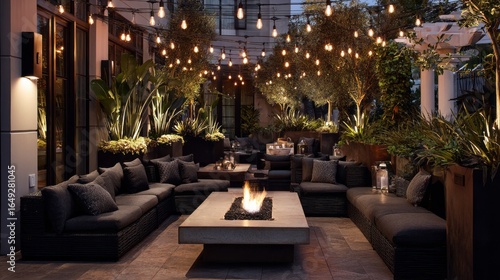 Outdoor patio seating area with string lights and fire pit.