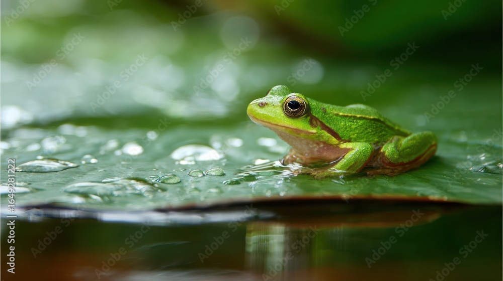 Naklejka premium Green frog sits on a broad leaf covered in droplets, reflected in nearby water