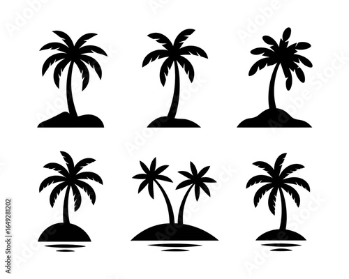 Collection of six black palm tree silhouettes on a white background isolated on white background
