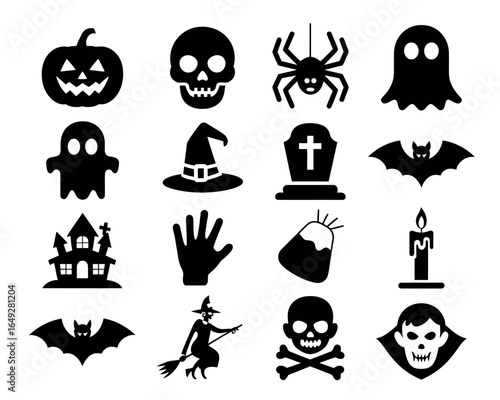 Collection of halloween icons silhouette isolated on white background