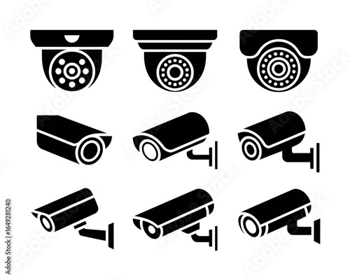 Collection of security camera icons in silhouette style isolated on white background