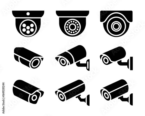 Collection of security camera icons in silhouette style isolated on white background