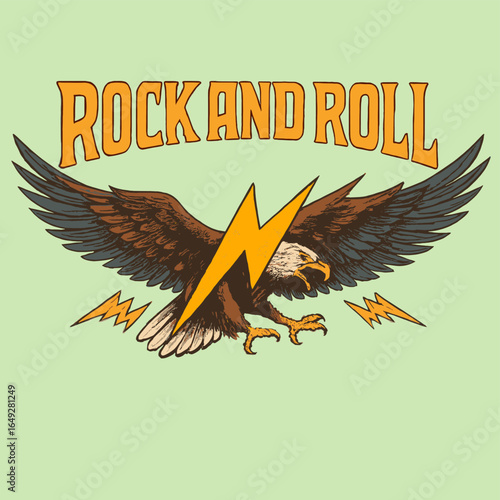 Long live rock and roll vintage vector t shirt print design. Eagle illustration for fashion, sticker and others. Rock and roll vintage t shirt design. Thunder with eagle wing vector