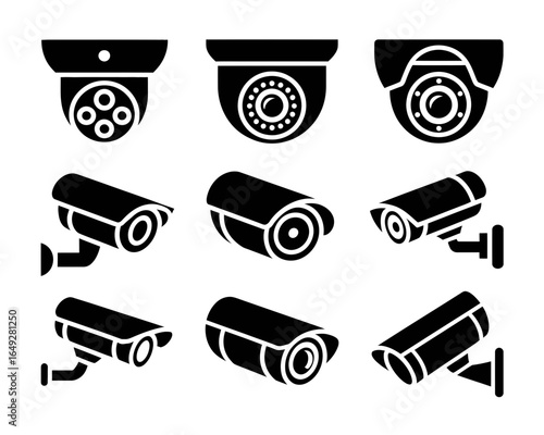 Collection of various security camera silhouettes isolated on white background