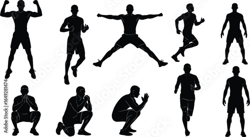 Fitness silhouette set, exercise poses, running, squatting, jumping, kneeling, standing, prayer hands, workout routine, physical activity, motion