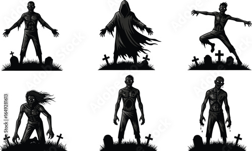 Graveyard silhouette set, spooky figures, tattered clothing, grim reaper pose, eerie atmosphere, horror scene, undead rising, Halloween vector