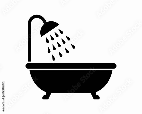Black silhouette of a bathtub with a showerhead spraying water isolated on white background