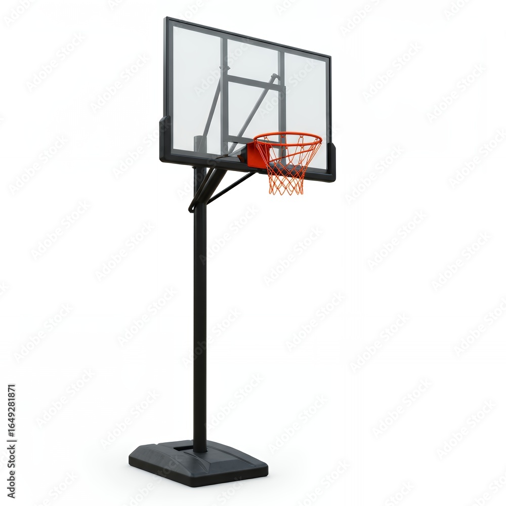 Naklejka premium Clear acrylic basketball backboard with reinforced support structure showing orange rim and net detail on portable adjustable height pole system