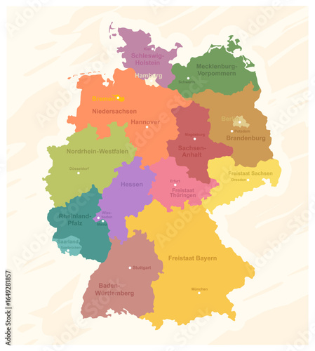 A map of Germany in pastel colors with capitals.
