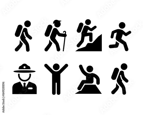 Collection of hiking and outdoor activity icons silhouette isolated on white background