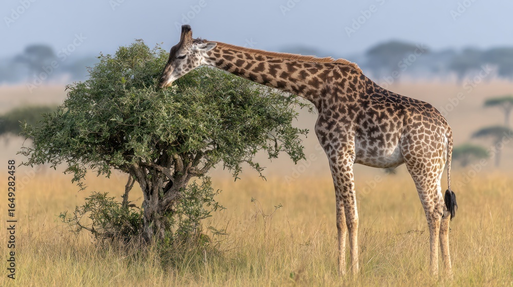 Obraz premium Giraffe reaches for greenery in a dry grassland, trees on the horizon