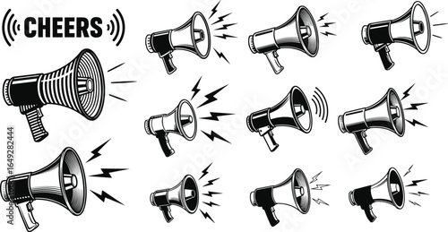 Megaphone illustrations, black and white vector, sound wave graphics, announcement icons, protest clipart, public speaking art, cheers text design