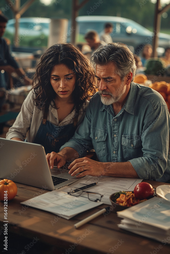 Fototapeta premium Adult couple sitting together, engaged in a discussion about agricultural produce inventory .