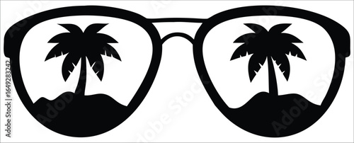 Black silhouette of aviator sunglasses reflecting a tropical beach scene with palm trees and sand symbolizing summer vacation and travel