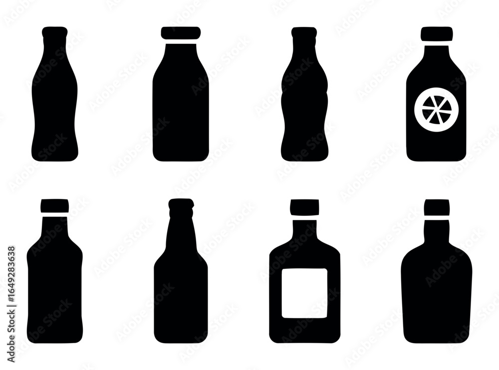 Collection of diverse black bottle silhouettes isolated on white background Collection of diverse black bottle silhouettes isolated on white background