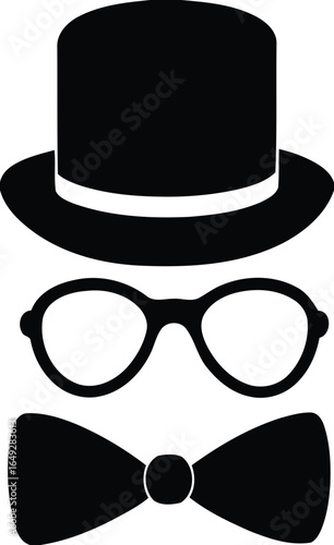 Classic gentleman s attire silhouette featuring top hat glasses and bow tie isolated on white background