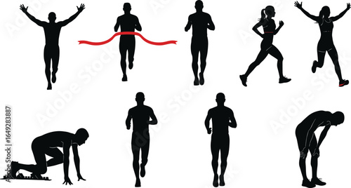 Running silhouette illustrations, jogging poses, sprinting vector art, race finish line, athlete clipart, fitness motion graphics, runner emotions, sports iconst