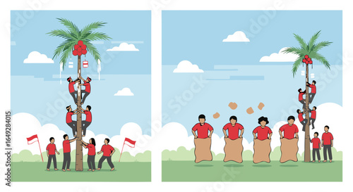 Festive and joyful Independence Day in Indonesia, with symbolic red and white, historic games, showcasing patriotism, national pride, and unity.