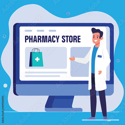 Pharmacist presenting an online drug store on a computer monitor. E-commerce in healthcare and medical supplies shopping. Flat vector graphic.
