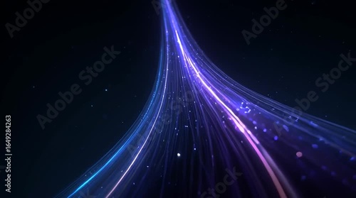 glowing curved blue light beams rising to form a futuristic data tower with purple accents and particles