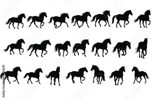 Silhouette horse collection, galloping horses, trotting horses, equine movement, black silhouettes, animation frames, dynamic poses, running animals, vector art