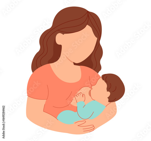 Breastfeeding illustration, mother feeding a baby with breast. 