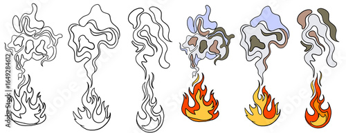 Set of six flame and smoke illustrations in various styles: simple outlines, stylized colored versions with red, orange, yellow flames and swirling smoke in muted tones
