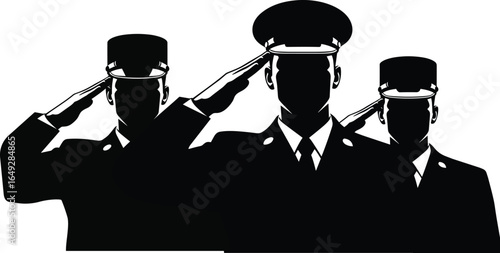  Silhouette of officers saluting, military respect, honor, discipline, unity, patriotic illustration, black and white, teamwork, service, dedication