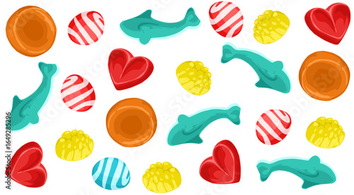 Set colorful chewy candy shark blue stripes heart issolated on white 