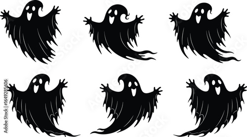 Spooky Halloween ghost silhouettes, black ghostly figures, open arms, eerie design, scary decoration, party theme, vector illustration, invitation clipart